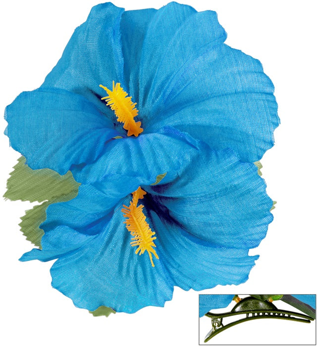 Haarspange mit zwei hellblauen Hibiskusblumen als sommerlicher Haarschmuck