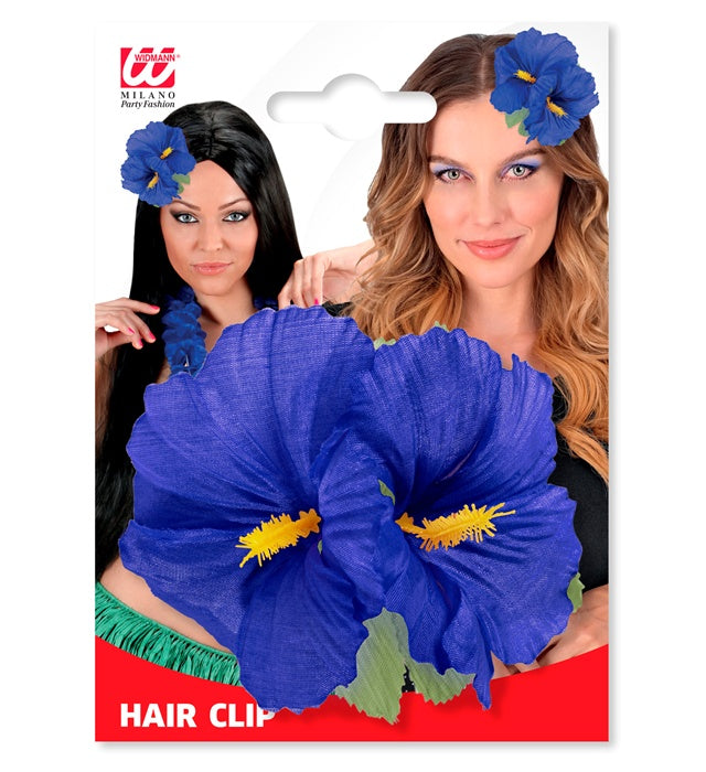 Haarspange mit zwei blauen Hibiskusblumen als Haaraccessoire
