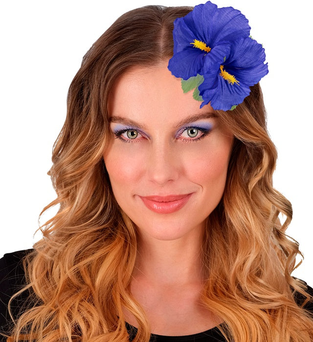 Haarspange mit zwei blauen Hibiskusblumen als Haaraccessoire