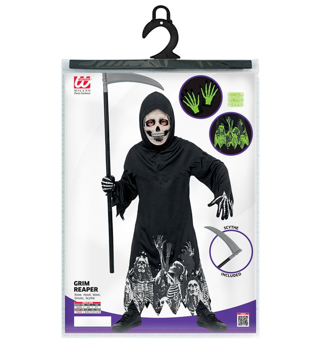 Leuchtender Sensemann Fasnachtskostüm mit Maske, Kapuze, Handschuhen und leuchtender Sense