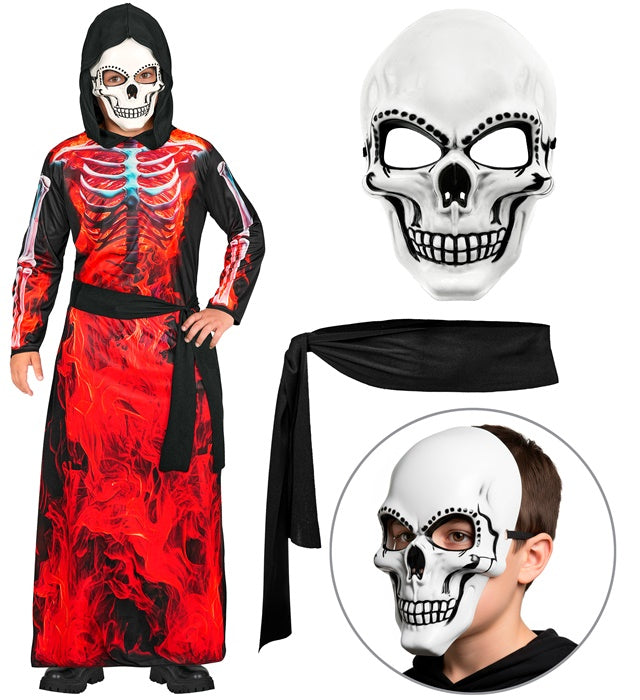 Brennender Sensemann Kostüm mit Kapuzenrobe, Maske und Gürtel für Fasnacht
