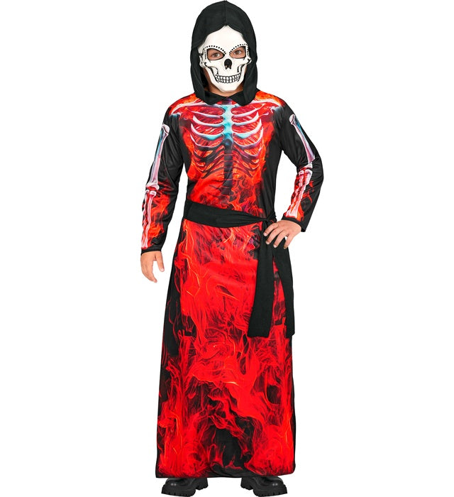 Brennender Sensemann Kostüm mit Kapuzenrobe, Maske und Gürtel für Fasnacht