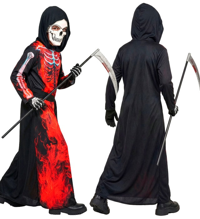 Brennender Sensemann Kostüm mit Kapuzenrobe, Maske und Gürtel für Fasnacht