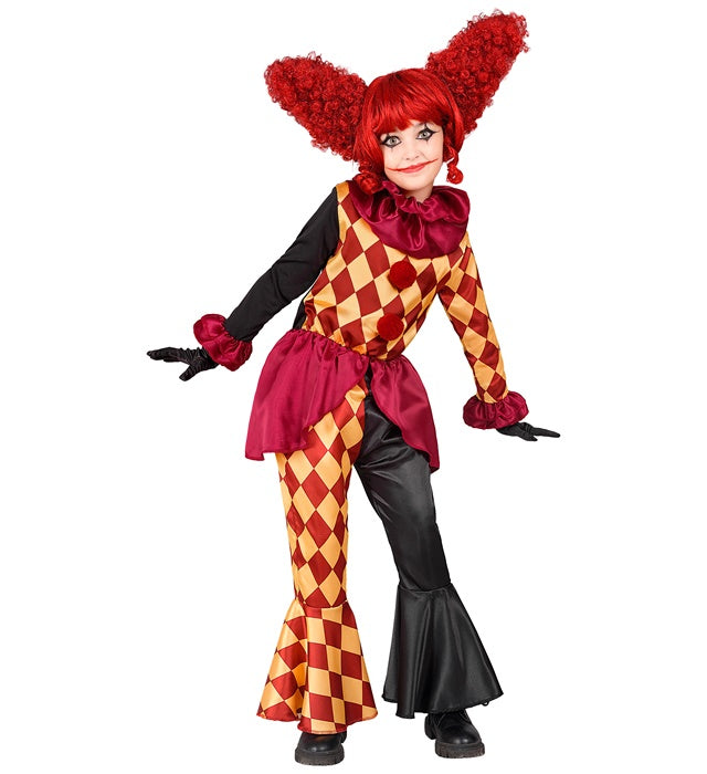 Horror-Clown Kostüm-Set mit Oberteil, Halskrause und Hose auf schwarzem Hintergrund