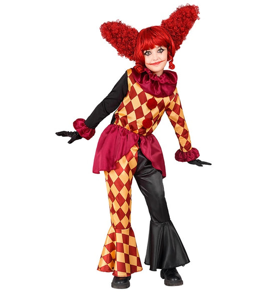 Horror-Clown Kostüm-Set mit Oberteil, Halskrause und Hose auf schwarzem Hintergrund