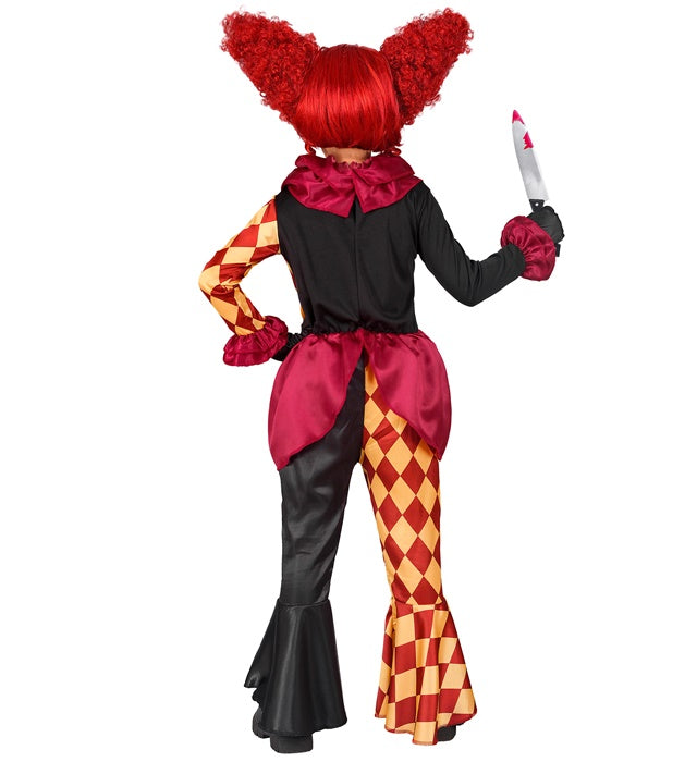 Horror-Clown Kostüm-Set mit Oberteil, Halskrause und Hose auf schwarzem Hintergrund