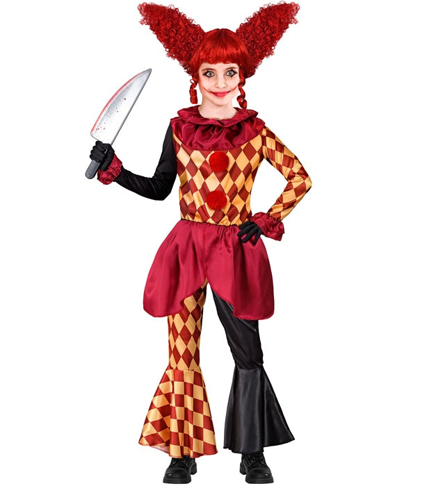 Horror-Clown Kostüm-Set mit Oberteil, Halskrause und Hose auf schwarzem Hintergrund