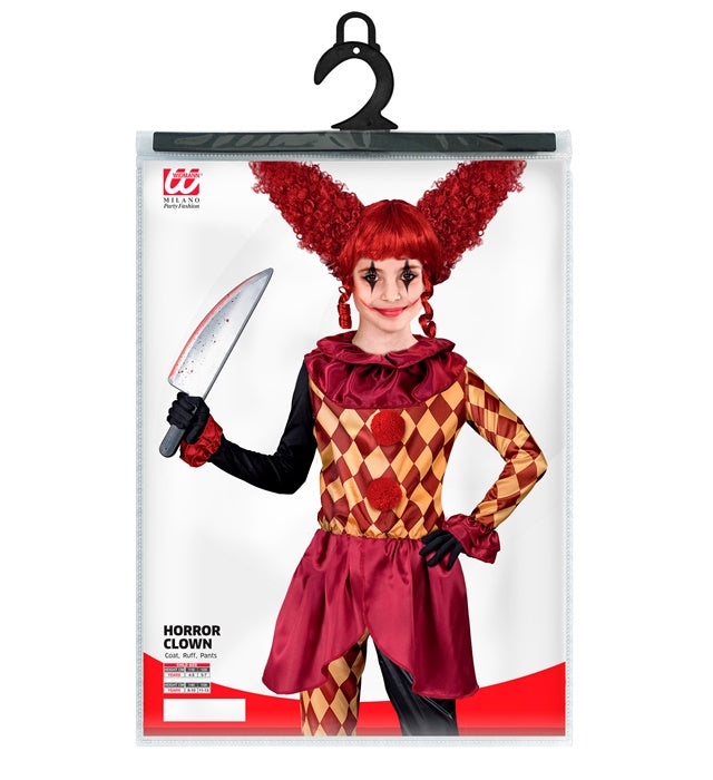 Horror-Clown Kostüm-Set mit Oberteil, Halskrause und Hose auf schwarzem Hintergrund