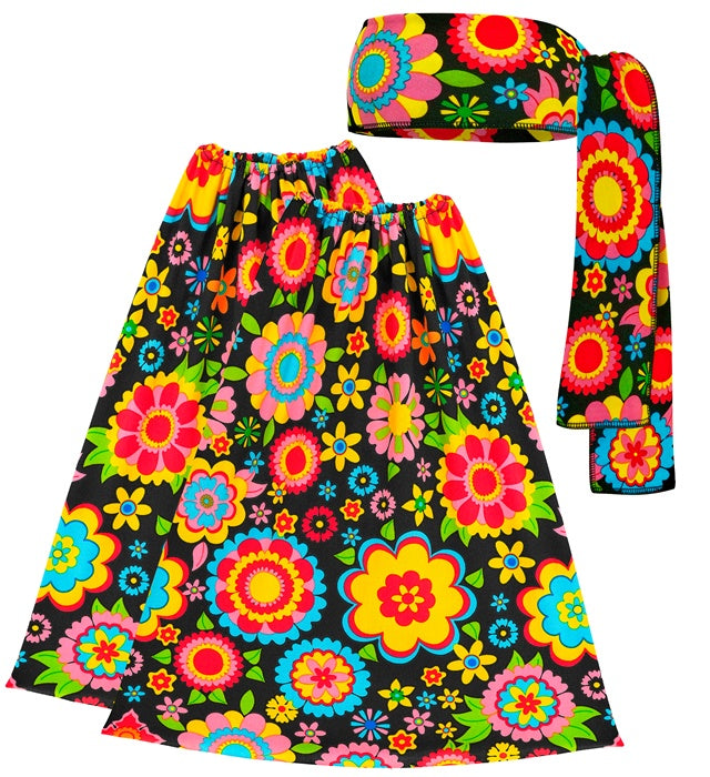 THE 60s FASHION Stirnband und Stulpen mit buntem Blumenmuster für Fasnacht