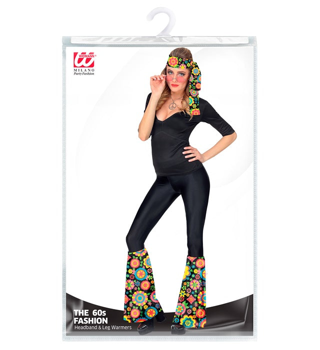 THE 60s FASHION Stirnband und Stulpen mit buntem Blumenmuster für Fasnacht