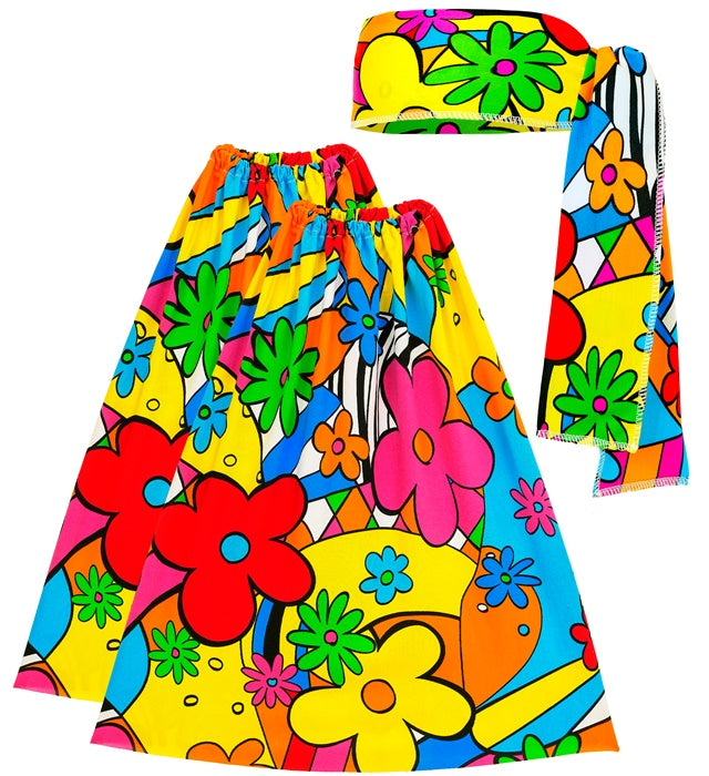 THE 60s FASHION Flower Power Stirnband und Stulpen Set mit bunten Blumenmotiven