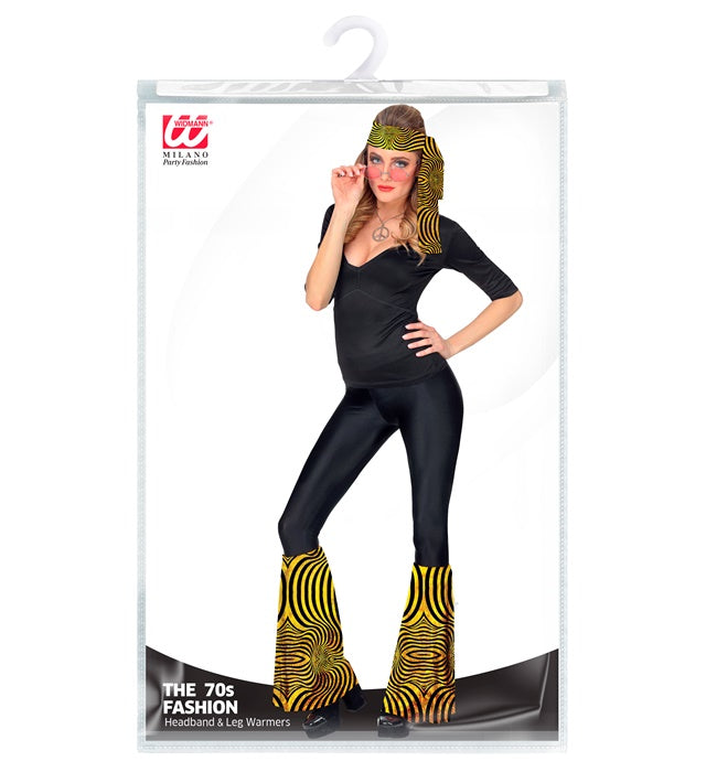 THE 70s DISCO STYLE golden waves Stirnband und Stulpen Set in goldfarbenem Wellenmuster