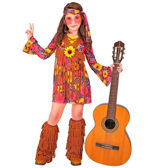 Hippie-Kostüm mit buntem Kleid, Stirnband und Stiefelüberziehern für Fasnacht