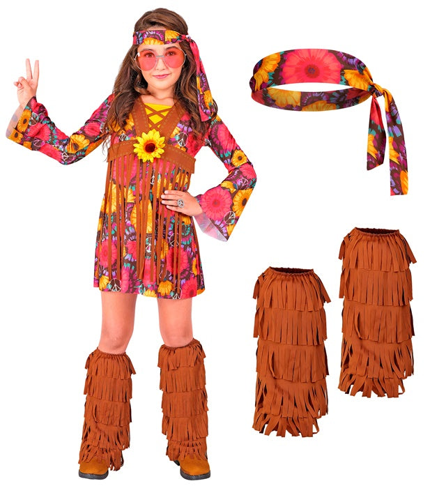 Hippie-Kostüm mit buntem Kleid, Stirnband und Stiefelüberziehern für Fasnacht