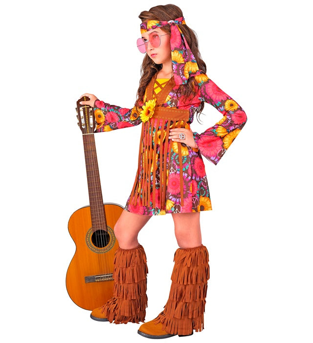 Hippie-Kostüm mit buntem Kleid, Stirnband und Stiefelüberziehern für Fasnacht