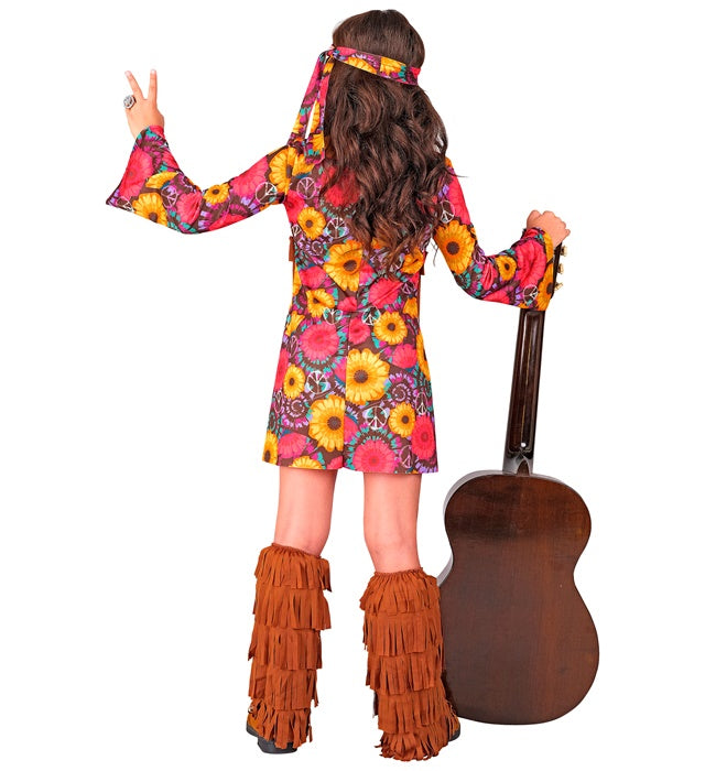 Hippie-Kostüm mit buntem Kleid, Stirnband und Stiefelüberziehern für Fasnacht