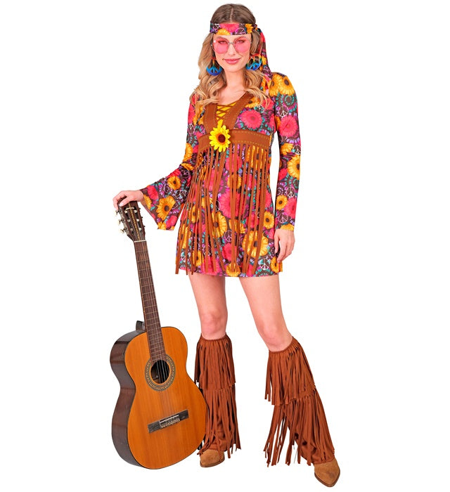 Hippie Kostüm Set mit bunt gemustertem Kleid, Stirnband und Stiefelüberziehern