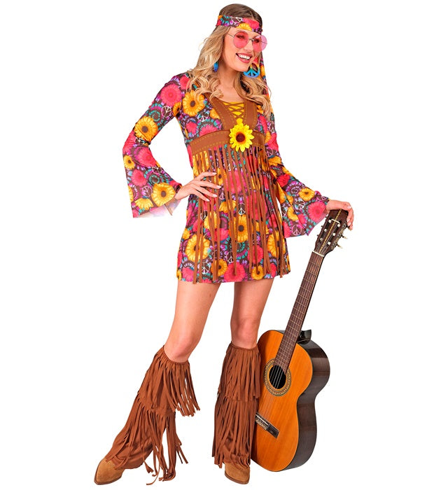 Hippie Kostüm Set mit bunt gemustertem Kleid, Stirnband und Stiefelüberziehern