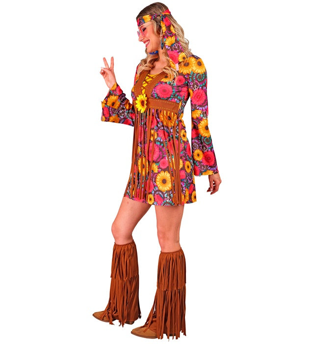 Hippie Kostüm Set mit bunt gemustertem Kleid, Stirnband und Stiefelüberziehern