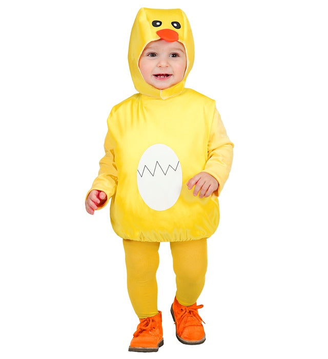 Puffy Chick Kostüm bestehend aus Overall und Kopfbedeckung auf weißem Hintergrund