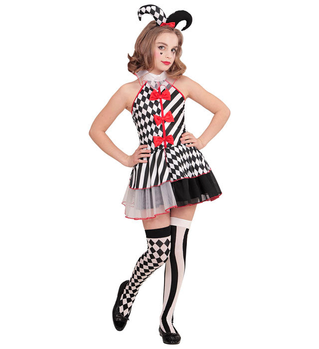 Fräulein Harlekin Damenkostüm mit farbigem Harlekin-Muster und Minihut