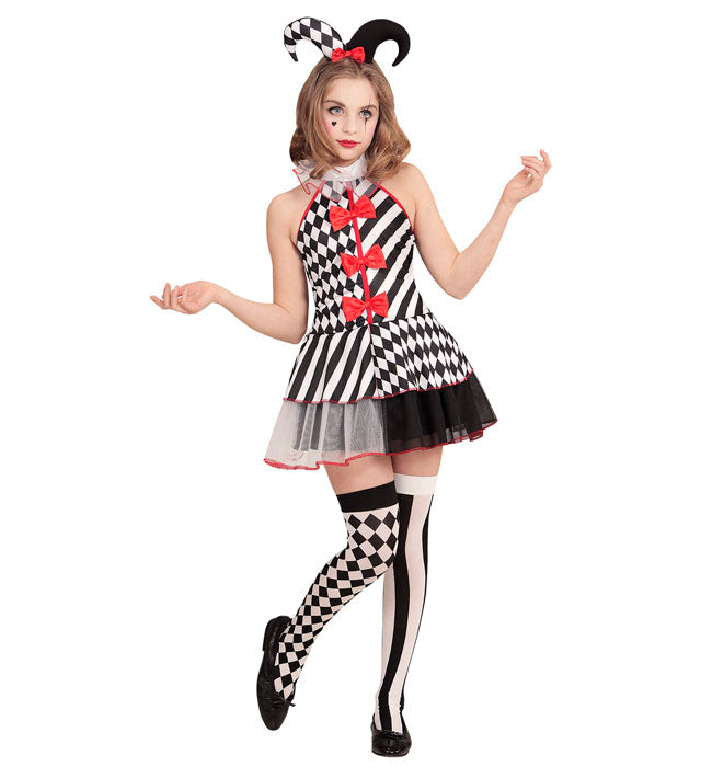Fräulein Harlekin Damenkostüm mit farbigem Harlekin-Muster und Minihut