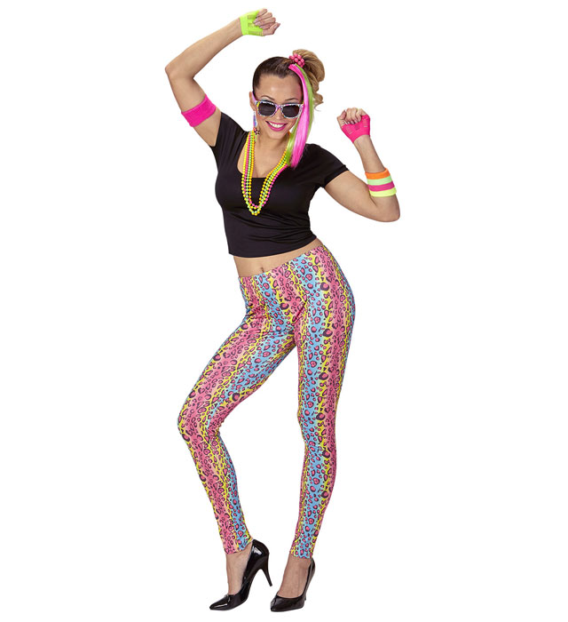 80's Girl Kostümset mit T-Shirt, Leggings und Kette im bunten 80er Jahre Stil