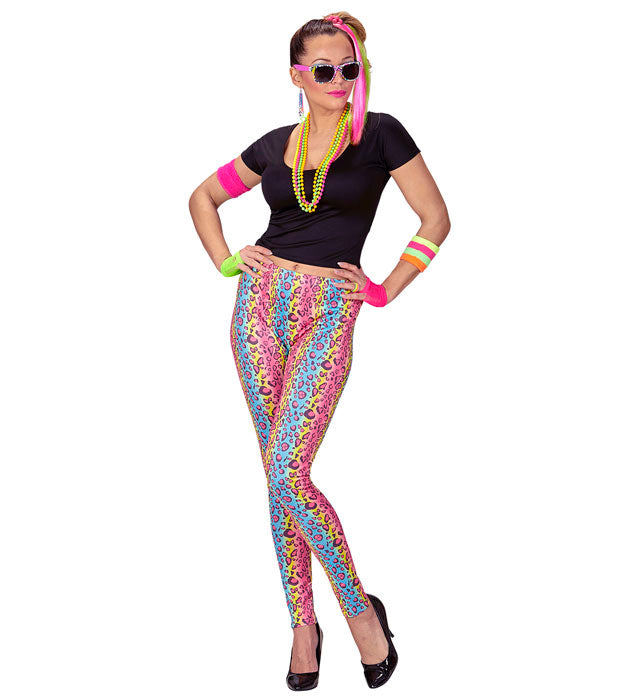80's Girl Kostümset mit T-Shirt, Leggings und Kette im bunten 80er Jahre Stil