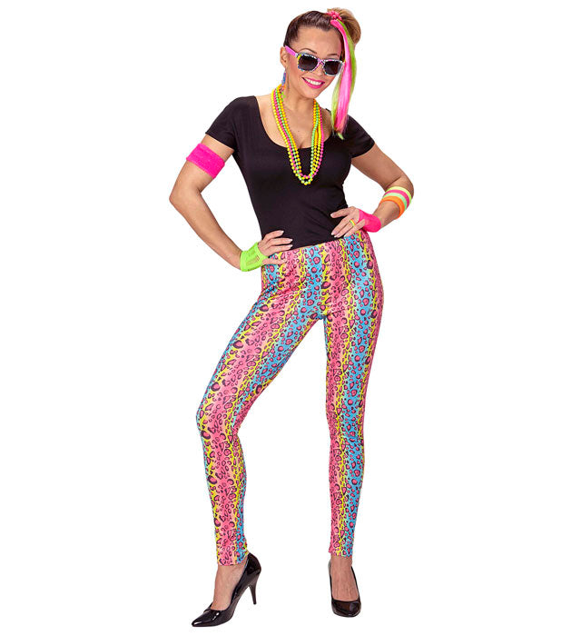 80's Girl Kostümset mit T-Shirt, Leggings und Kette im bunten 80er Jahre Stil
