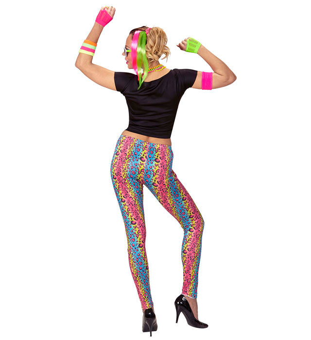 80's Girl Kostümset mit T-Shirt, Leggings und Kette im bunten 80er Jahre Stil
