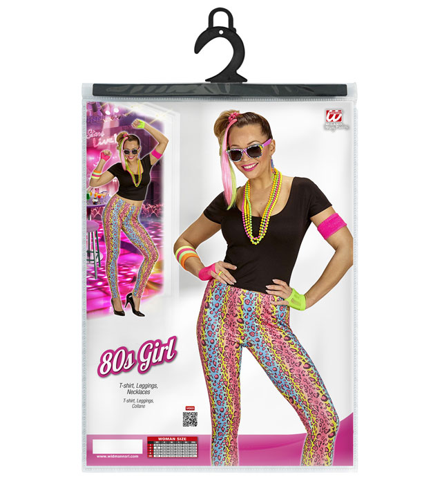 80's Girl Kostümset mit T-Shirt, Leggings und Kette im bunten 80er Jahre Stil