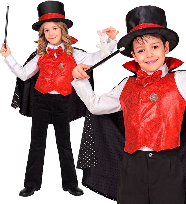 Zauberer-Kostüm mit Zylinder, Umhang, Fliege und Zauberstab für Fasnacht