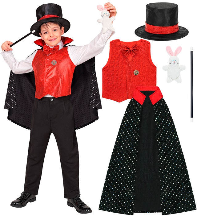 Zauberer-Kostüm mit Zylinder, Umhang, Fliege und Zauberstab für Fasnacht