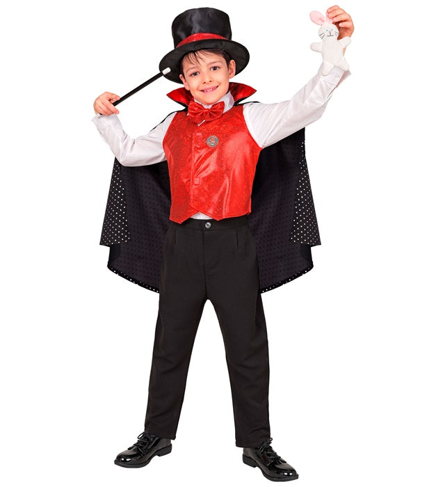 Zauberer-Kostüm mit Zylinder, Umhang, Fliege und Zauberstab für Fasnacht