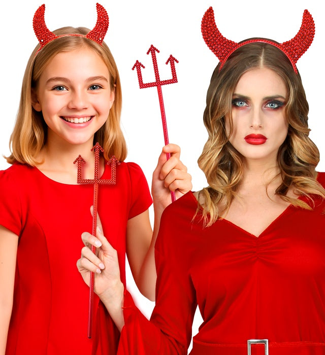 Set aus schwarzen Hörnern und Dreizack als Kostümzubehör für Fasnacht und Halloween
