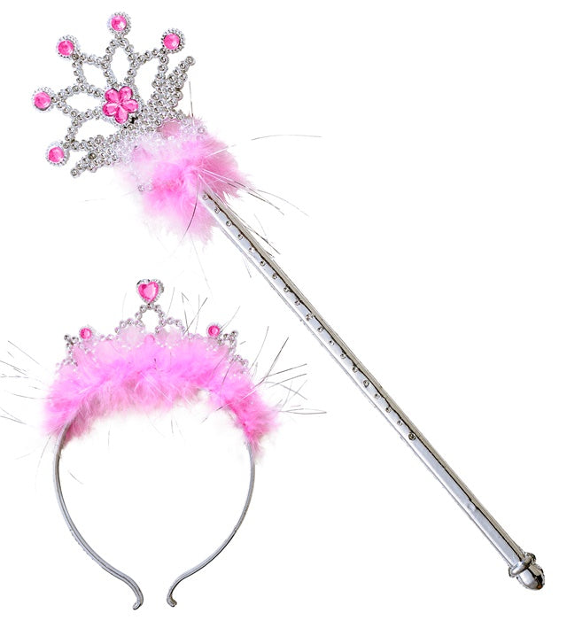 Zauberstab und Krone mit weissen Marabou-Federn als Fasnachts-Accessoires