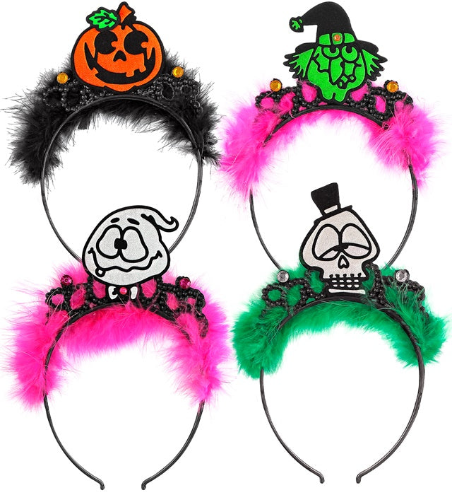 Vier verschiedene Halloween-Diadem-Modelle auf schwarzem Hintergrund
