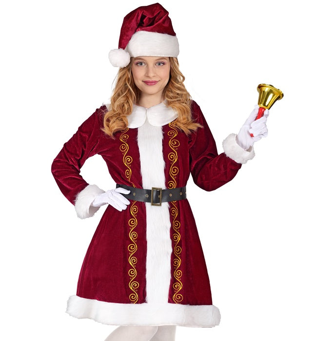 Miss Claus Kostüm mit rotem Kleid, Gürtel und festlichem Hut