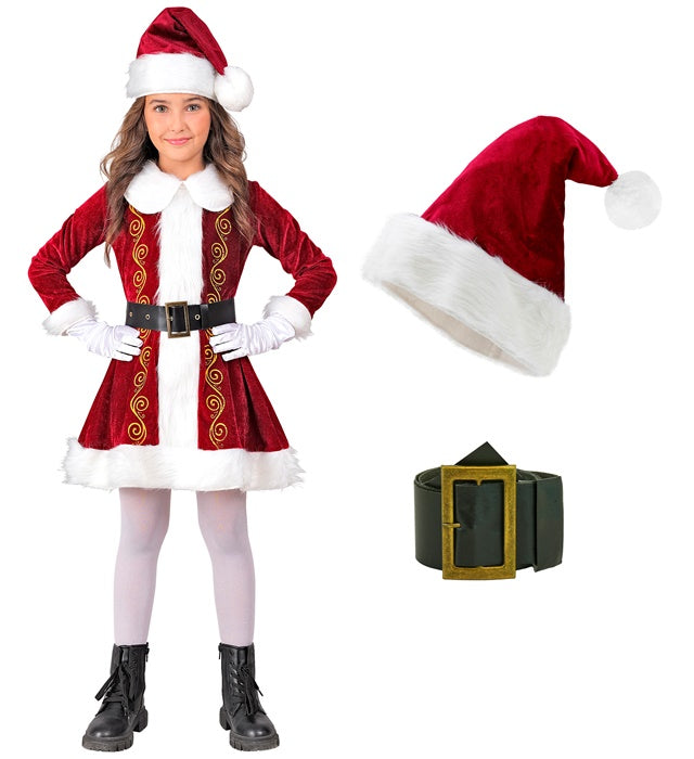 Miss Claus Kostüm mit rotem Kleid, Gürtel und festlichem Hut