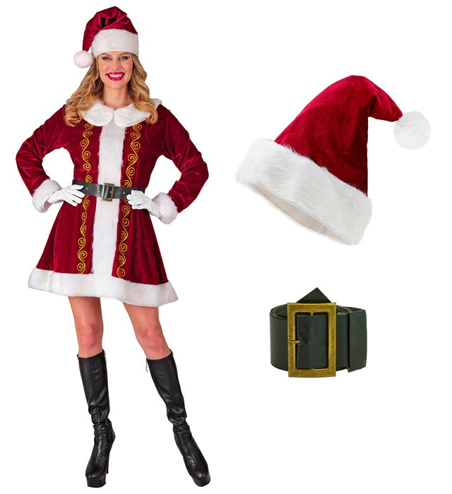 Miss Claus Kostüm-Set mit rotem Kleid, Gürtel und Weihnachtsmütze