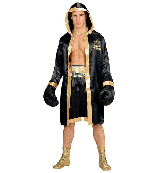 Boxer-Weltmeister Kostüm mit Kapuzenmantel, Shorts, Gürtel und Boxhandschuhen