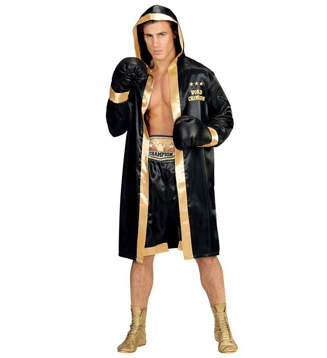 Boxer-Weltmeister Kostüm mit Kapuzenmantel, Shorts, Gürtel und Boxhandschuhen