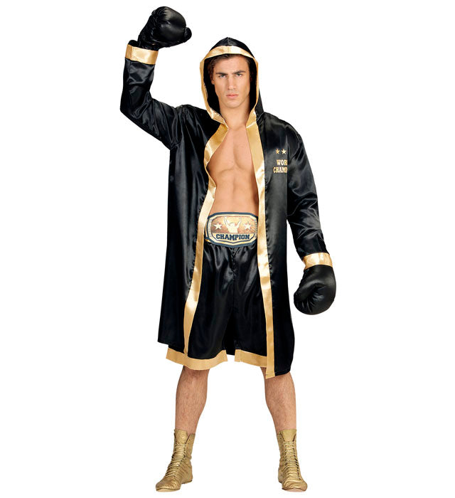 Boxer-Weltmeister Kostüm mit Kapuzenmantel, Shorts, Gürtel und Boxhandschuhen