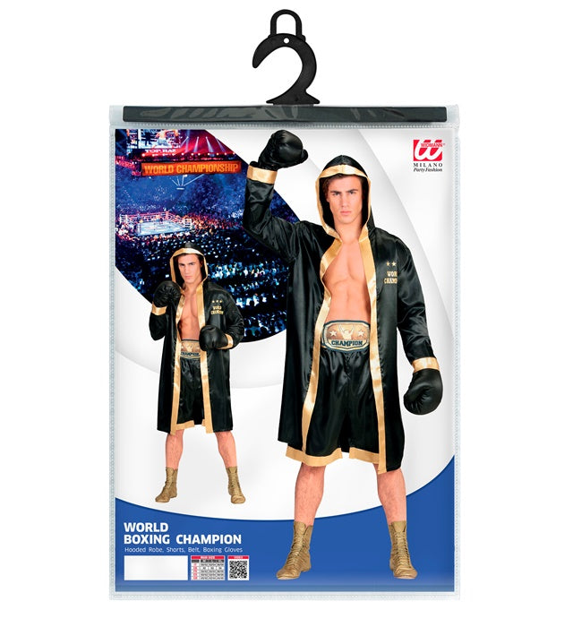 Boxer-Weltmeister Kostüm mit Kapuzenmantel, Shorts, Gürtel und Boxhandschuhen