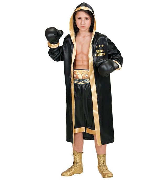 Boxer Champion Kostüm mit Kapuzenmantel, Shorts, Gürtel und Boxhandschuhen