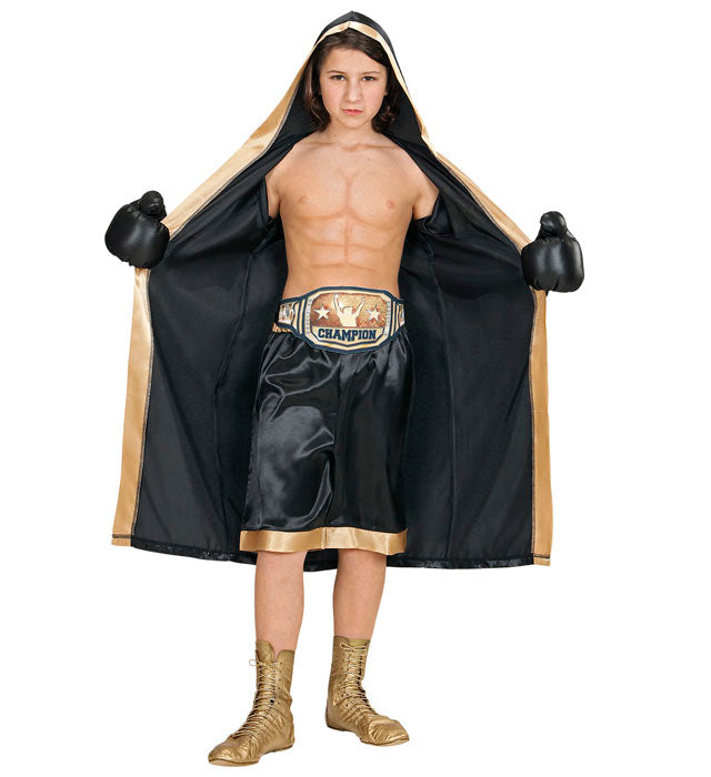 Boxer Champion Kostüm mit Kapuzenmantel, Shorts, Gürtel und Boxhandschuhen