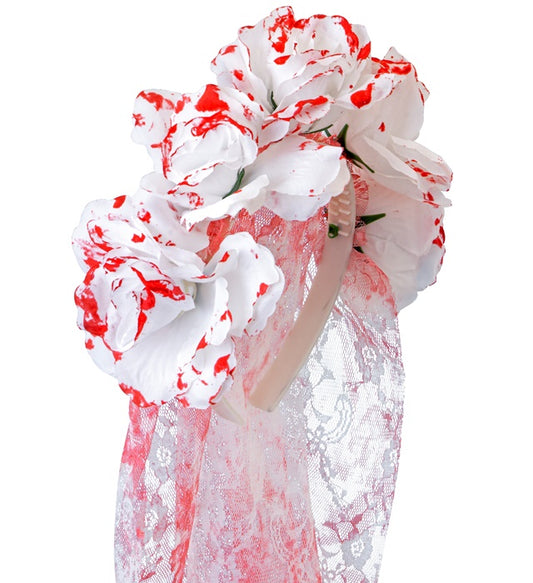 Blutiger Brautschleier mit roten Rosen als Halloween-Kostümzubehör