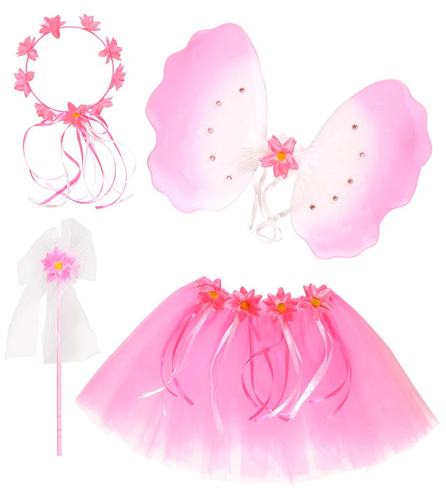 Blumenfee Kostüm-Set mit Tutu, Flügeln, Kopfbedeckung und Feenstab für Kinder