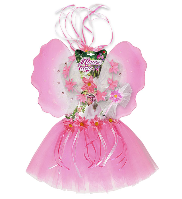 Blumenfee Kostüm-Set mit Tutu, Flügeln, Kopfbedeckung und Feenstab für Kinder