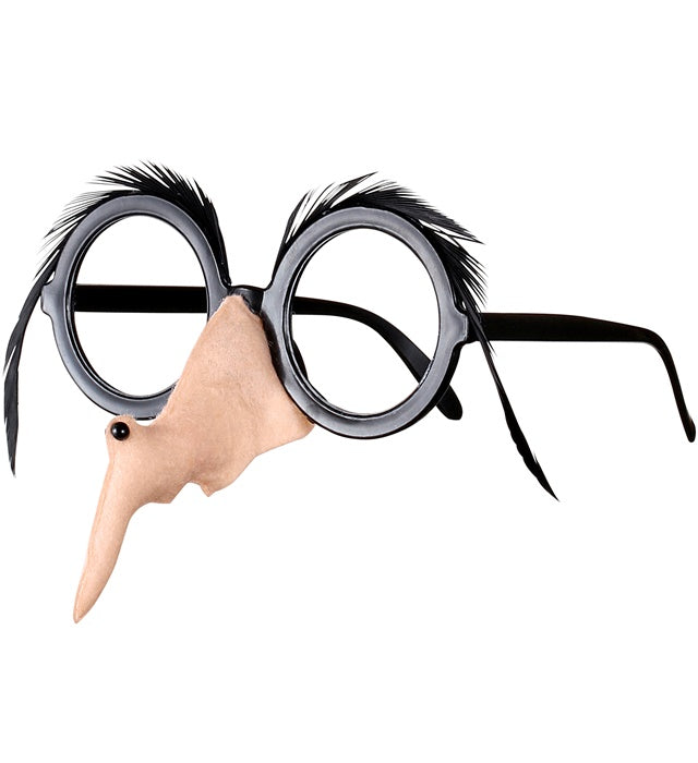 Brille mit Hexennase und schwarzen Feder-Augenbrauen als Fasnachts- und Halloween-Accessoire